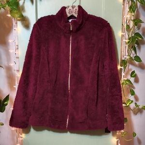 Women's Croft & Barrow Plush Burgundy Teddy Bear Zip Up Jacket M
